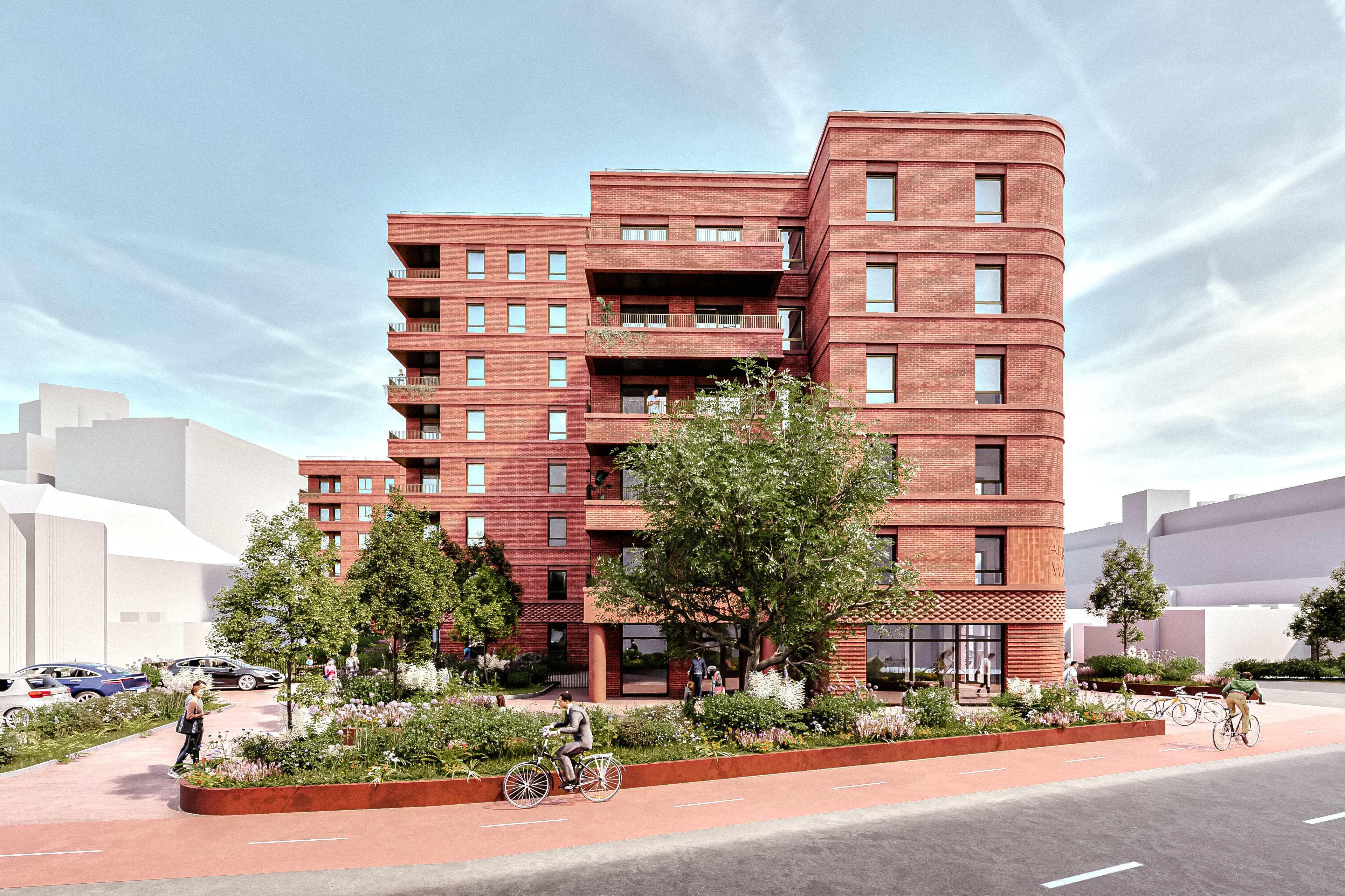 Image shows a low-rise apartment block with trees and bushes to the front