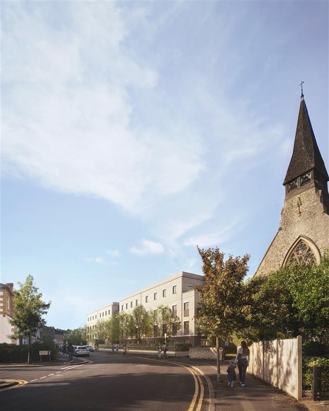 Image shows artist impression of the blocks 9 and 10 opposite Cotleigh Road, with church in view.