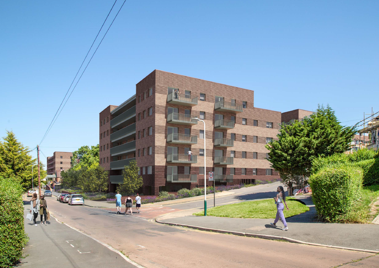 Image shows artist impression of a low rise apartment block surrounded by trees and open space
