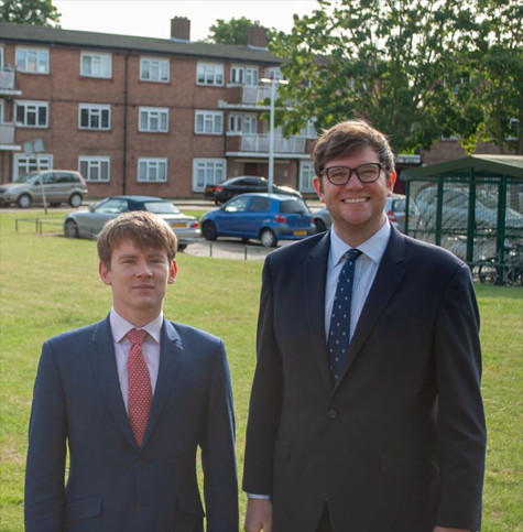 Councillor Damian White, Leader of Havering Council, and Councillor Joshua Chapman, Cabinet Member for Housing, visit Malan Square estate.