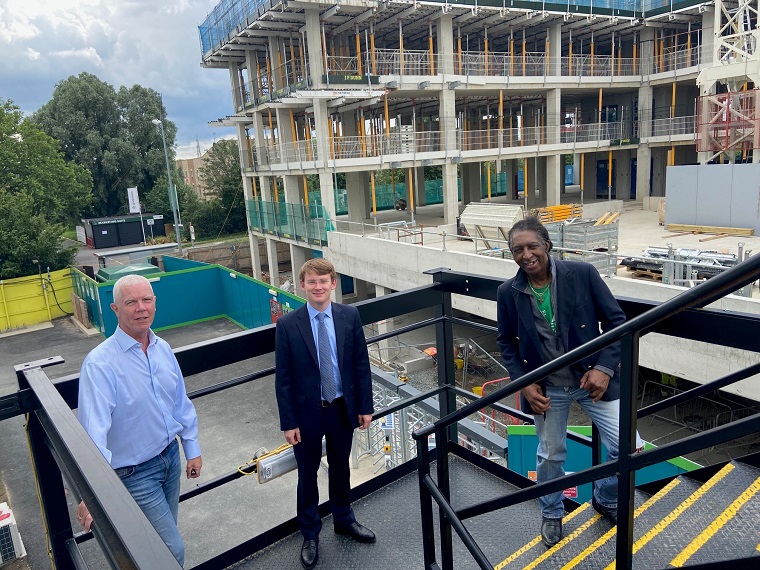 L-R: Neil Stubbings, Director of Regeneration, Councillor Damian White, Leader of Havering Council and Councillor Michael Deon Burton, at Napier and New Plymouth site.
Please note, face coverings were removed solely for the purpose of the photo